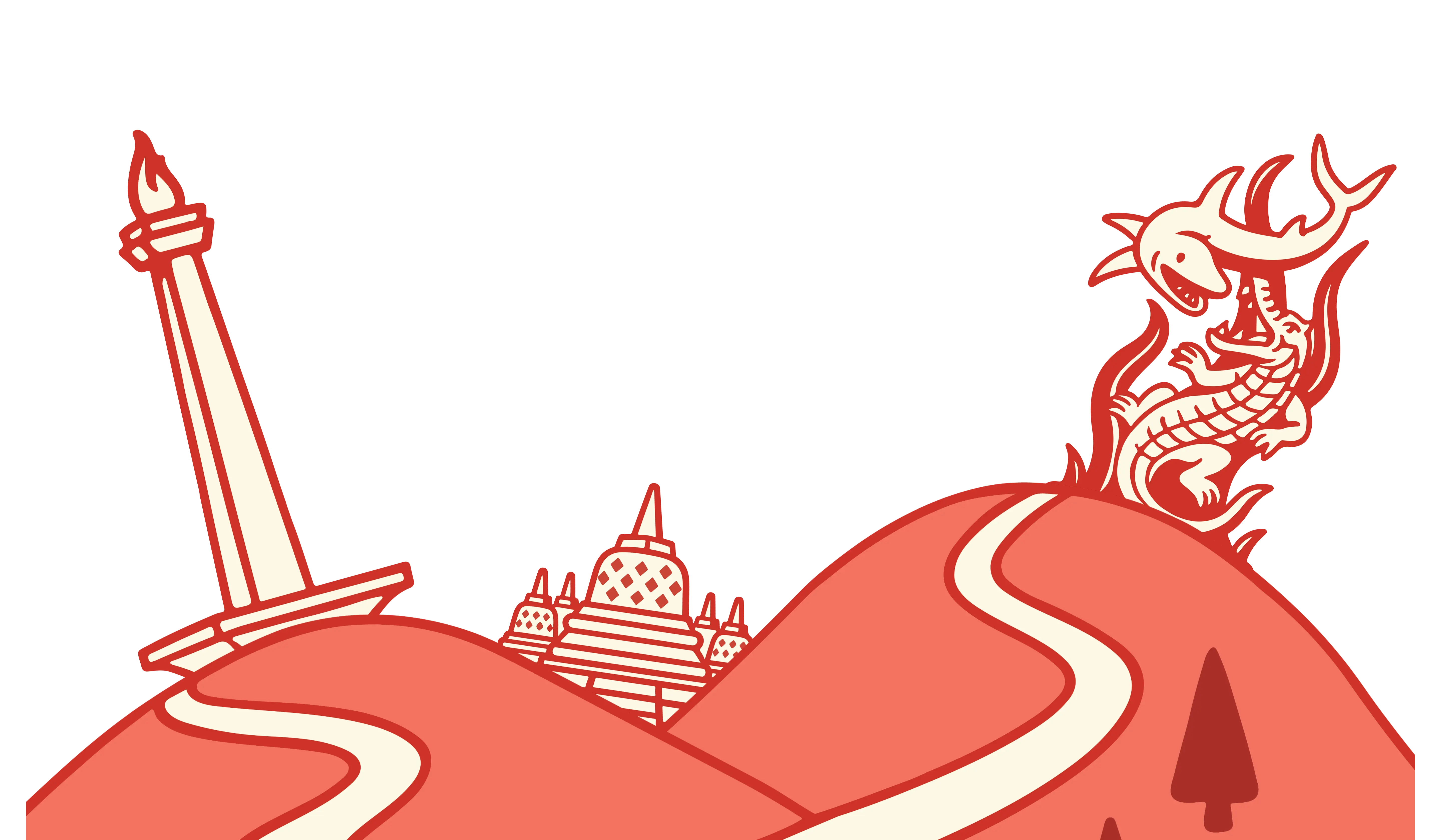 Stylized red illustration showing rolling hills with a winding path, a tall torch monument on the left, a domed building in the center, and a dragon perched on a hill to the right, all against a black background.